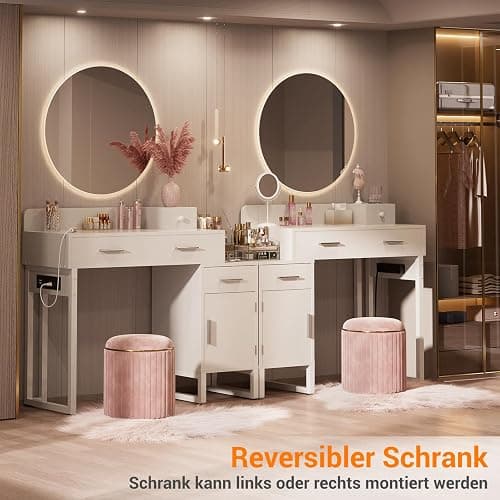 iSunirm Schminktisch Weiß – Kosmetiktisch ohne Spiegel mit Integrierter Ladestation Steckdosen + 2X USB Kleiner Vanity Desk mit 4 Schubladen, Reversibler Schranktür und Großer Ablagefläche thumbnail 8