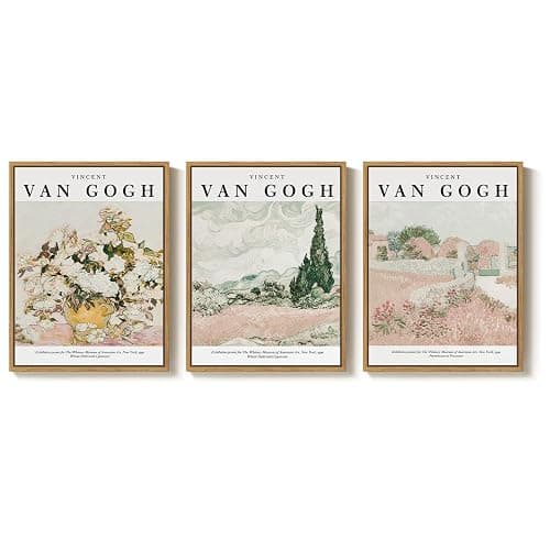 Framed Van Gogh Wall Art Set of 3, Neutral Beige and Soft Pink Canvas Prints, Vintage Landscape and Floral Paintings for Living Room Bedroom Dining Room Entryway Decor, 12x16 Inch thumbnail 9