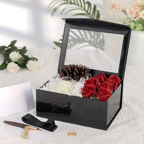 PACKQUEEN Black Gift Box with Lid and Window, 9x6.5x3.8 Inches, Clear Gift Box for Present Contains Ribbon, Card, Groomsman Proposal Box thumbnail 2