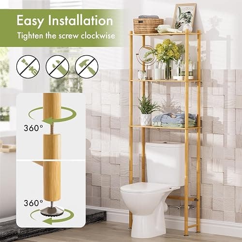 AmazerBath Over The Toilet Storage Bamboo, Bathroom Over Toilet Organizer Rack, 3-Tier Freestanding Above Toilet Shelf for Bathroom, Laundry, Space Saver, Natural Color thumbnail 6