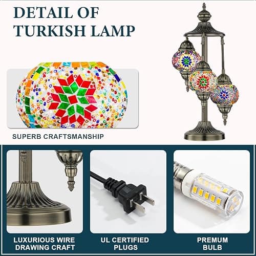 Marrakech Turkish Lamp 3 Globes Moroccan Table Lamp with Bronze Base, 23" Tall Handmade Colorful Tiffany Mosaic Glass Night Light Fixture Including LED Bulb for Living Room Bedroom Decor thumbnail 4