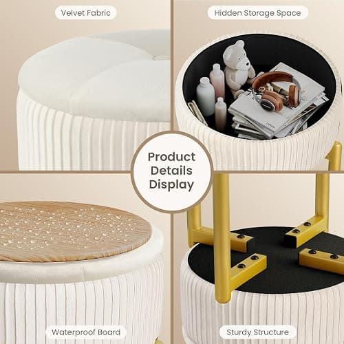 Memobarco 18-Inch Velvet Vanity Stool Chair with Storage, Vanity Bench with 4 Golden Metal Legs & Anti-Slip Adjustable Feet,Round Storage Ottoman Stool with Removable Soft Padded Seat, Beige thumbnail 3