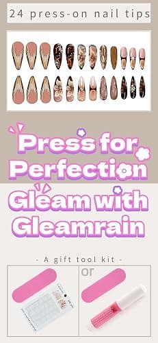 Gleamrain Stiletto Press on Nails Long Almond Brown False Nail with Flower and Swirl Designs 3d Fall Nails Press Ons for Women 24pcs thumbnail 3