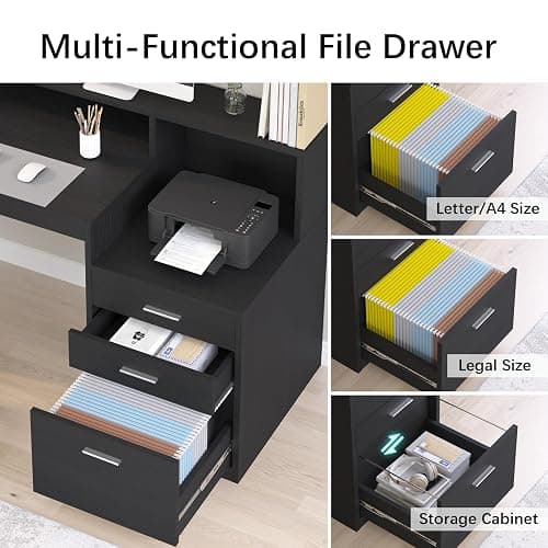 YOMILUVE Computer Desk with 3 Drawer & Storage Shelves, Home Office Desk with File Drawer & Cabinet, Writing Study Table with Long Monitor Stand & Printer Shelf, Executive Desk, Black thumbnail 5
