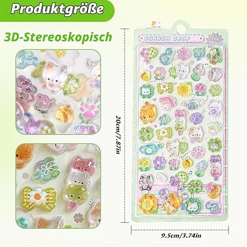 3D Kawaii Sticker Set, Süße Puffy Katzen Aufkleber Mini Wiederverwendbar, Cute Aesthetic Sticker für Scrapbooks & Belohnung Kinder (Mädchen) thumbnail 3