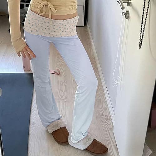 MYBFYABO Fold Over Yoga Pants for Women Contrast Color Low Rise Wide Leg Sweatpants Y2k Foldover Lounge Bell Bottoms 2026 thumbnail 4