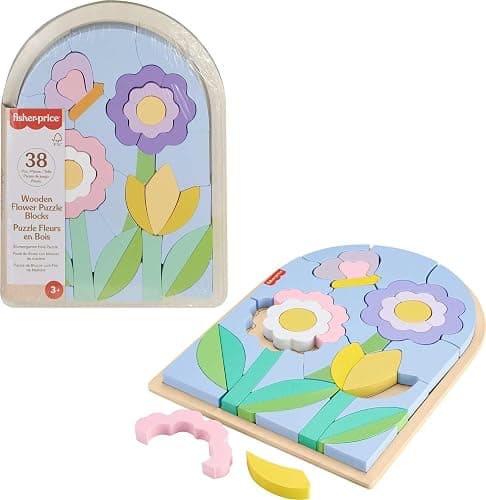 Fisher-Price Wood Preschool Toy Flower Puzzle Blocks, 38-Piece Wooden Stacking Set for Developmental Play Kids Ages 3+ Years - Image 1