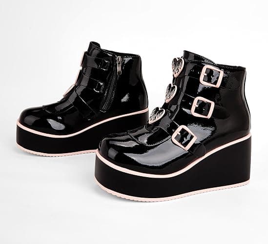 LUCKY STEP Women Platform Chunky Ankle Boots - Round Toe Zipper Wedges High Heels Rave Buckle Thick Sole Goth Booties thumbnail 4