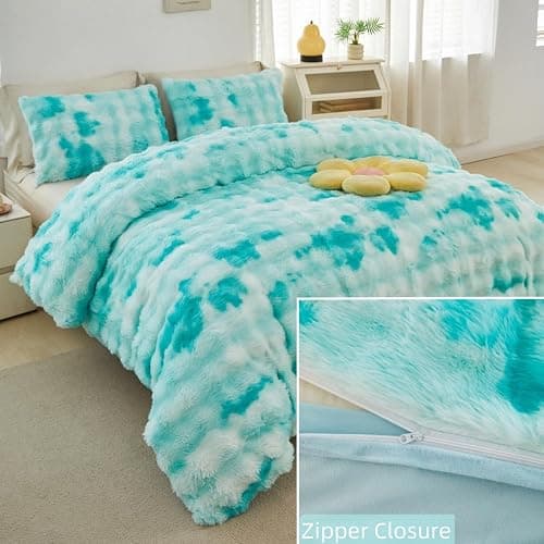 SUCSES Fluffy Comforter Cover Set Queen Size 3 Pieces Tie Dye Faux Fur Duvet Cover Set Warm Soft Luxury Velvet Girls Bedding Sets for Boys Room Decor(Tie Dye Aqua, Queen) thumbnail 5