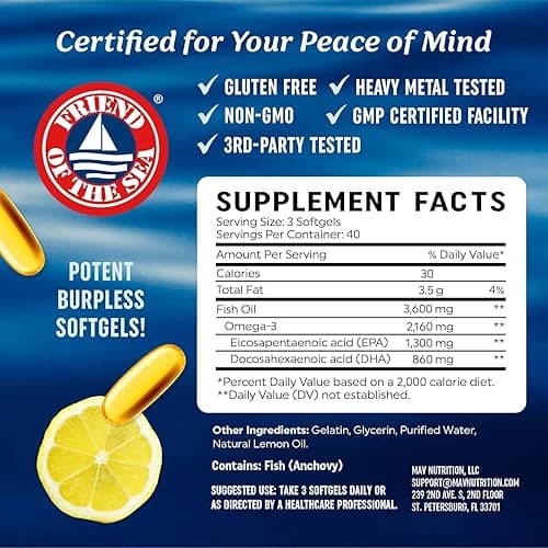 Triple Strength Omega 3 Fish Oil | 3600 mg EPA & DHA | Over 2100mg of Omega 3 Fatty Acids | 1300mg EPA + 860mg DHA | Best Essential Fatty Acids | Premium Burpless Softgel Supplements (120 Ct) - 120 count thumbnail 6