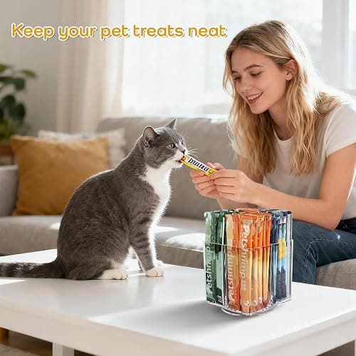 Lickable Cat Treats Organizer, Lazy Susan Acrylic Squeeze Up Cat Treats Storage Organizer with 4 Compartments, Wet Cat Food Storage Container for Kitchen Cabinet Pantry Shelf Countertop（Square） thumbnail 2