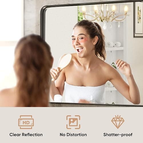 DUMOS Black Metal Framed Vanity Rounded Rectangle Bathroom Mirrors for Over Sink Wall, 30x22 Inch Matte Large Mirror, Modern Decorative for Restroom, Farmhouse, Horizontally or Vertically Hanging thumbnail 3