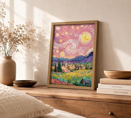 Framed Impressionist Pink Starry Sky Rural landscape Canvas Wall Art | Vibrant Colors Landscape Decor Picture Romantic Countryside Mountain Field Poster Prints for Art Lover Room Home Decoration thumbnail 3