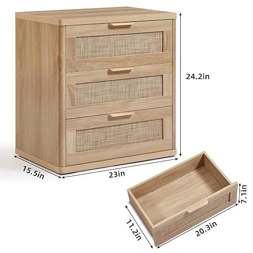 LEYAOYAO Rattan Night Stand Set of 2 with Drawers, 23" Large 3 Drawer Boho Nightstand, Natural Wood Bedside Table Storage Cabinet, Bed Side End Tables Dresser for Bedroom, Living Room, Hallway, Closet thumbnail 3