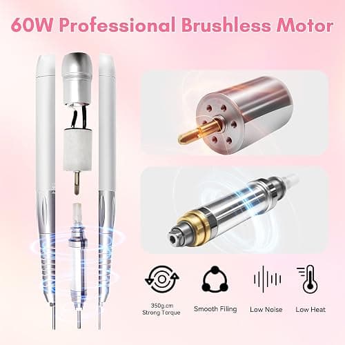 Makartt Nail Drill Professional: 60W 35000RPM Electric Nail File with Coreless Motor, 2 in 1 Desktop & Portable, Drill Bits and LCD Display for Acrylic Gel Nails, Nouvella Pink thumbnail 2
