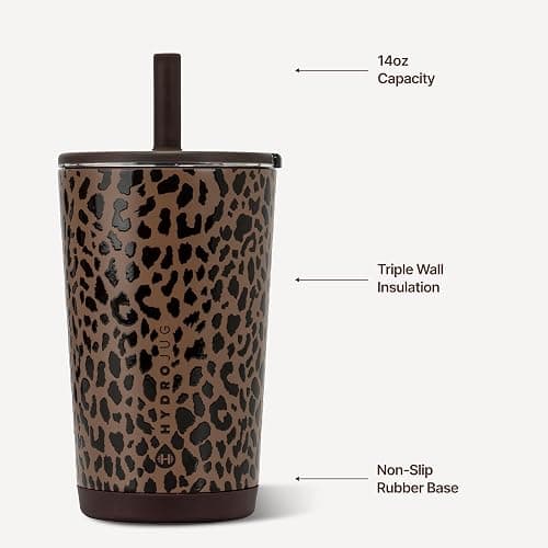 HydroJug Everyday Tumbler 14 oz, Ceramic-Lined Straw Cup, Brown Leopard thumbnail 4