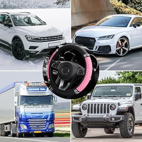 Osilly Bling Car Steering Wheel Cover, 15 Inch Rhinestones Soft Leather Elastic Steering Wheel Protector, Sparkly Crystal Diamond for Women Girls, Car Interior Accessories for Most Cars (Pink) thumbnail 6