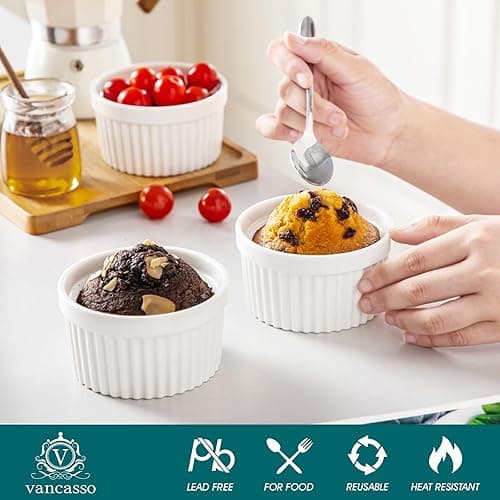vancasso 8 oz Ramekins with Lid, Porcelain Creme Brulee Souffle Dishes, White Pudding Custard Cups Ramiken for Baking, Dishwasher and Oven Safe, Set of 6 thumbnail 5