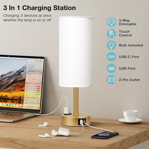 Fenmzee Gold Touch Lamp for Bedroom- 3 Way Dimmable Bedside Lamp USB C A Charging Ports and AC Outlet, Small Table Lamp White Linen Lampshade for Gift, LED Bulb Included thumbnail 3