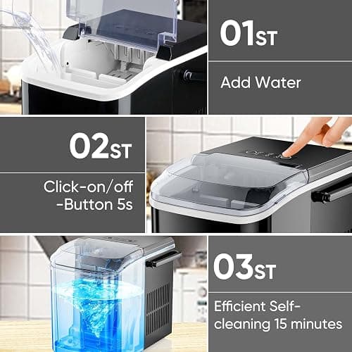 DUMOS Countertop Ice Maker with Handle, 26lbs/24H Portable Ice Machine, 9 Bullet Ice Cubes Ready in 6 Mins, Self-Cleaning, Quiet Compact Ice Maker for Home, Kitchen, RV, Camping, Black thumbnail 6