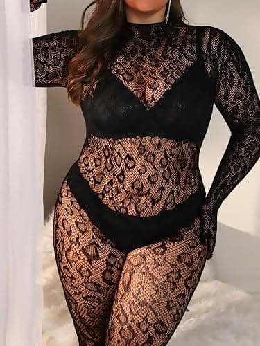 EHSUYAB Plus Size Fishnet Bodysuit For Curvy Women, Full Leopard Body Stockings Rave Outfit, Sexy Lace Jumpsuit Festival Club thumbnail 6