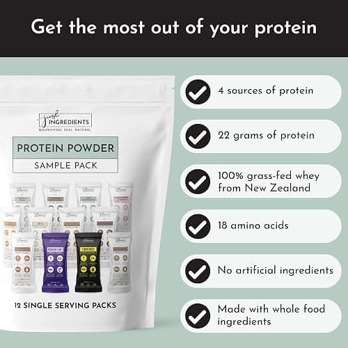 Protein Powder Made with 100% Grass Fed, Non Denatured Whey | Four Different Protein Sources from Organic Whole Food Ingredients | 12 Servings | 22g Protein (12 Servings, Sample Variety Pack) thumbnail 3
