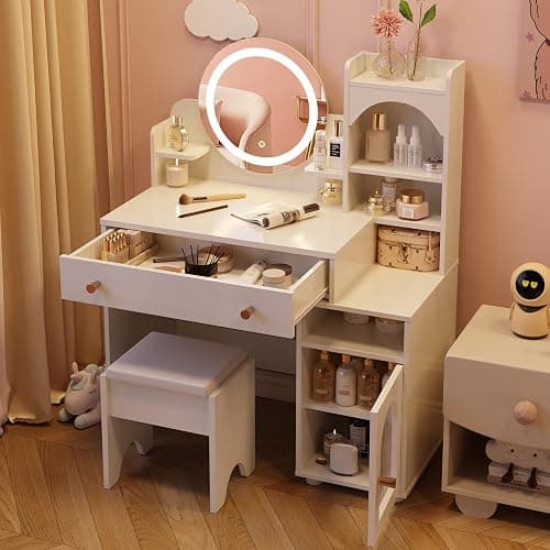 Vabches Kids Vanity Table and Chair Set, Toddler Dressing Table for 5-12 Year Old Little Girls, 2 in 1 Princess Makeup Vanity with Mirror & Lights, Wooden Pretend Play Vanity Desk, White thumbnail 4