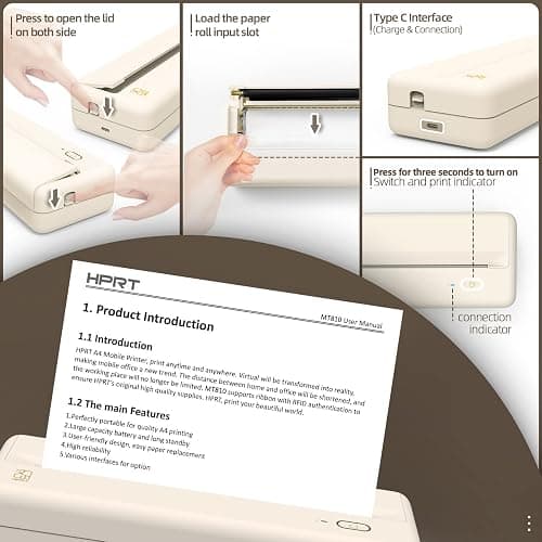 HPRT Portable Printers Wireless for Travel - MT810 Bluetooth Thermal Inkless Compact Printer, Paper Rolls Mobile Printing for Vehicles Office, Compatible with iPhone Android & Laptop - Beige thumbnail 6