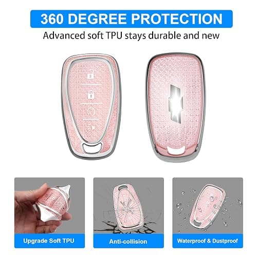 QBUC for Chevy Key Fob Cover with Diamond Keychain, 4 Buttons Key Case Compatible with Chevrolet Equinox Malibu Camaro Cruze Traverse Blazer Trax Volt Bolt Key Protector for Women(S-Pink) thumbnail 5