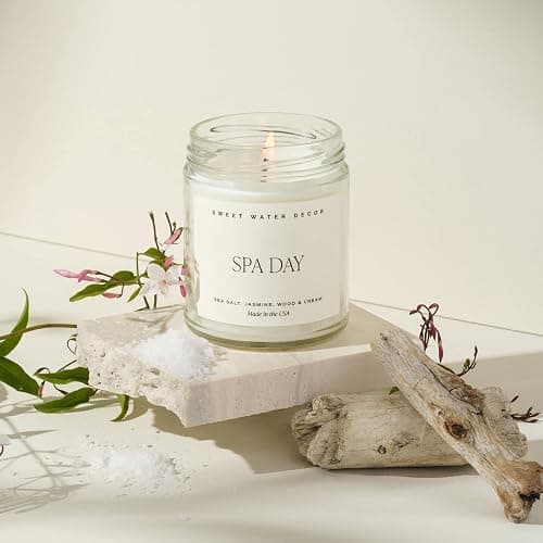 Sweet Water Decor Spa Day Soy Candle - Sea Salt, Jasmine, Wood and Cream Scented Spring Candles for Home - 9oz Clear Jar + Gold Lid, 40+ Hour Burn Time, Made in The USA thumbnail 5