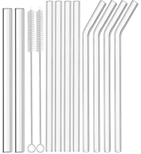 NINU 10 Pack Glass Straws, Reusable Clear Drinking Straws, Including 4 Straight and 4 Bent Straws and 2 Wide Smoothie Straws with 2 Cleaning Brushes - Image 1