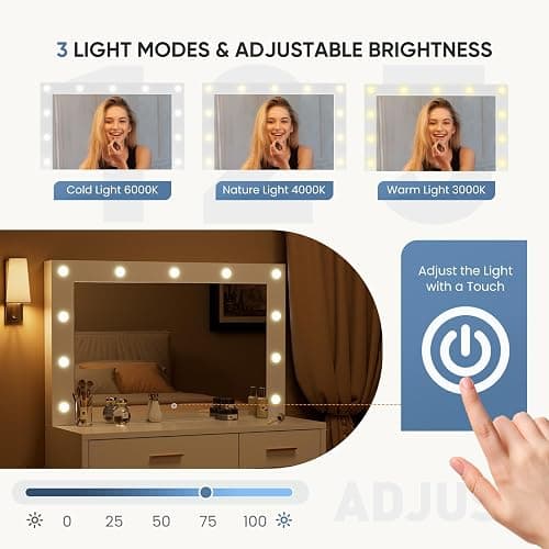 DUMOS Vanity Desk with Mirror and 11 LED Lights, Makeup Vanity Table with Charging Station (2AC/USB/C), Dressing Table with 2 Drawers & Large Cabinet, 3 Lighting Color Adjustable, White thumbnail 5