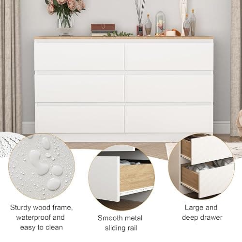 Spaco White Dresser for Bedroom with Oak Top,Modern 6 Drawer Dresser with Deep Drawer,Wide Storage Chest of Drawers,Bedroom Storage Organizer Furniture,TV Stand for Living Room thumbnail 5