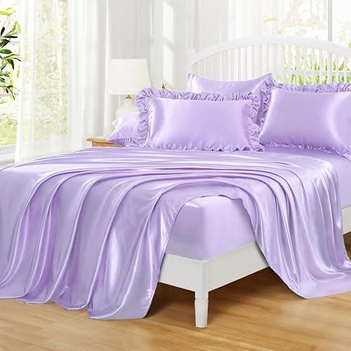 Homiest Ruffled Satin Sheets Queen Size 6pc Set, Lavender Purple Silk-Like | Silky Smooth With Pearlescent Finish, 15-Inch Deep Pocket With Ruffled Pillowcases, Gentle On Hair And Skin, Anti-Pilling thumbnail 6