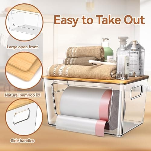 spospo 2 Pack Trash Bag Holder with Bamboo Lid Stackable Trashbag Dispenser | Extra Large Garbage Bag Holder for Kitchen Laundry Room Under Sink Organization and Storage thumbnail 4