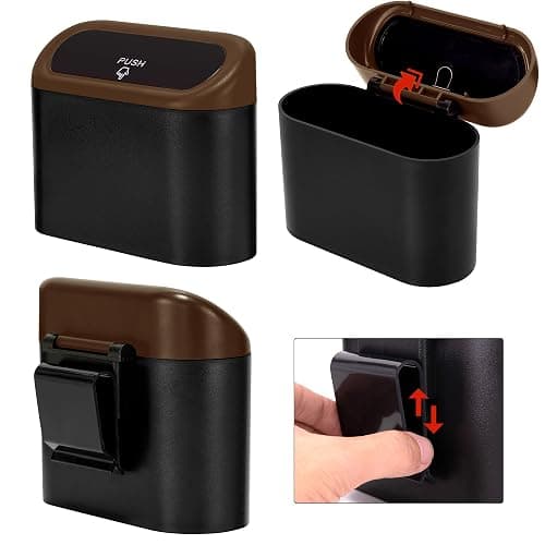 Ginsco 2 Pack Mini Car Trash Can with Lid, Small Car Garbage Can, Cute Leakproof ABS Car Trash Bin, Car Accessories for Interior, Garbage Bin for Car, Home, Office with 120pcs Trash Bags Black/Brown thumbnail 4