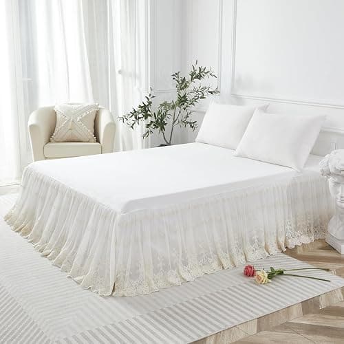 Brandream Luxury Ivory White Lace Bed Skirt Queen Size Split Corners Romantic Vintage Girls Bed Cover Dust Ruffle Bed Skirts 18 Inch Drop thumbnail 5
