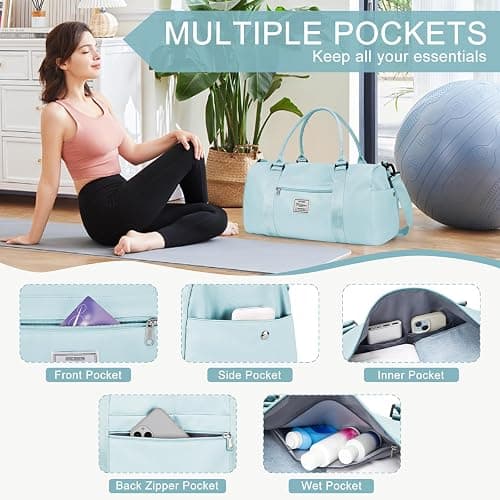 Gym Bag for Women Men with Shoes Compartment,Sports Duffle Bag Personal item travel Duffel Bags Tote Bag Small Carry on Weekender Overnight Bag Workout Dance Bag Hospital Holdalls Light Blue thumbnail 5