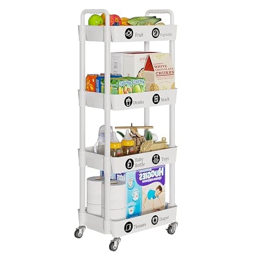 Laiensia 4-Tier Storage Carts,Multifunction Utility Rolling Cart Kitchen Storage Organizer,Mobile Shelving Unit Cart with Lockable Wheels for Bathroom,Laundry,Living Room,With Classified Sticker,White thumbnail 4