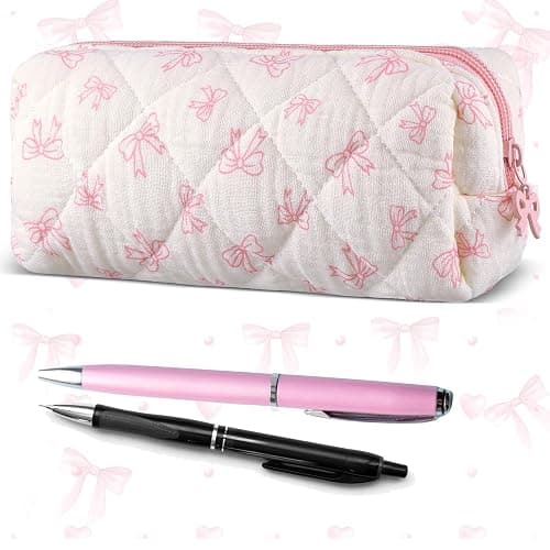 Sherr Coquette Bow Pencil Case Pink Bow Cute Pencil Pouch Soft Cotton Storage Bag Aesthetic Pattern Gift Makeup Pouch Cosmetic Bag for Women - Image 1