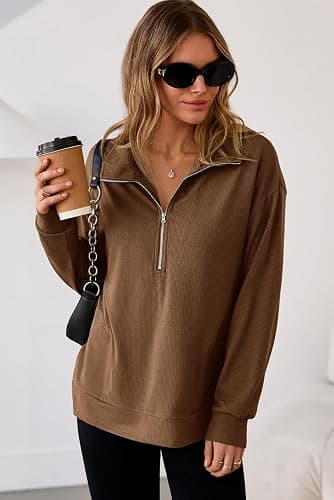 Dokotoo Womens Sweatshirt Waffle Knit Long Sleeve Lapel Half Zip Up Casual Lightweight Soft Sweatshirts Loose Pullover Tops thumbnail 2