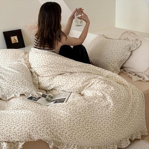 BuLuTu Muslin Kids Duvet Cover for Full Size Bed, Vintage Farmhouse Duvet Covers with Ruffles, Soft Cotton Comforter Cover, Camellia, Zipper Closure & Corner Ties, No Comforter thumbnail 2