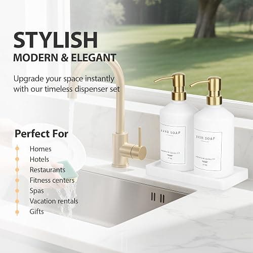 Gold Soap Dispenser Set, Glass Hand and Dish Soap Dispenser Set with Tray,Stainless Pump,14 Stickers for Kitchen,Bathroom Soap and Lotion Dispenser,Modern Counter Decor (White Bottle/Gold Pump) thumbnail 6