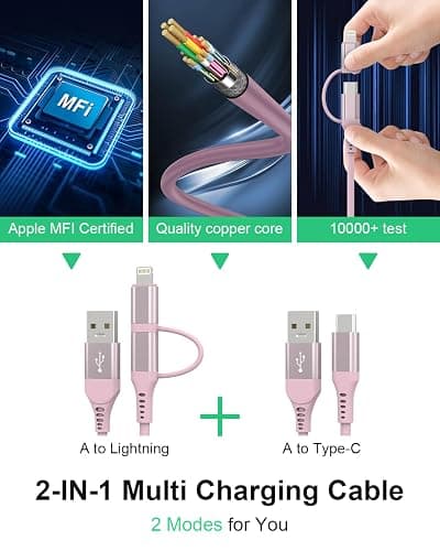 Pink Retractable Car Charger Coiled Lightning Cable - 2 in 1 Lightning and USB C Cable for Apple Carplay & Android Auto [MFi Certified] 3A Fast Charge & Data Sync Pink Coiled i Phone Charger Cord thumbnail 2