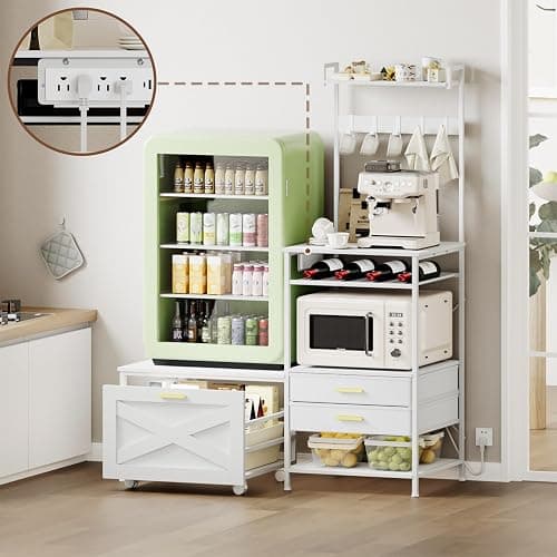 Jartoil Mini Fridge Stand with Microwave Shelf, Farmhouse Mini Fridge Stand with Wine Rack & Power Outlet, Kitchen Bakers Rack with Shelf and Drawers for Home Dorm Office Bar, White Large thumbnail 4