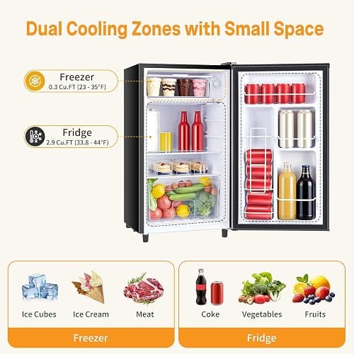 NEWBULIG Mini Fridge with Freezer 3.2 Cu.Ft Small Refrigerator for Office, Dorm, Small Fridge with Adjustable Thermostat, Energy Saving, Singel Door, Black thumbnail 4