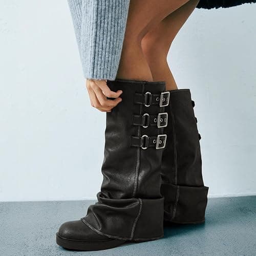 ClassicSter Fold Over Knee High Boots Slouch Boots for Women Chunky Goth Platform Boots,2 inch Heel Wide Calf Long Boots Square Toe Riding Boots thumbnail 5