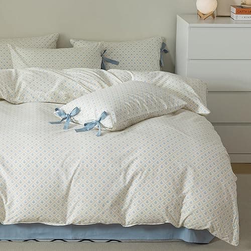 HighBuy Twin XL Comforter Set Cute Blue Flower Bedding Comforter for Kids Girls Coquette Checkered Bedding Sets 3 Piece with 2 Bowknot Bow Tie Pillowcases Botanical Quilts Garden Comforter Cottage Bed - Image 1