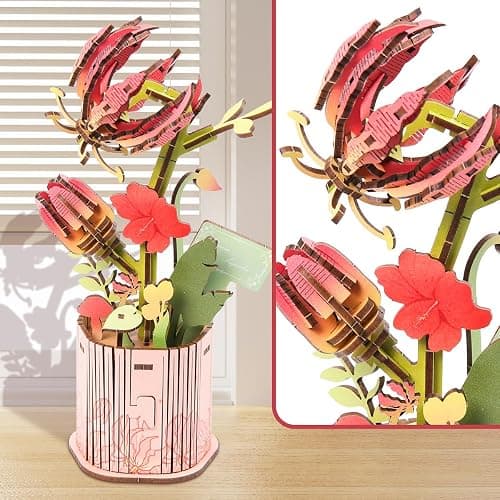 Insgen 3D Wooden Flower Puzzle for Adults, 3 Flowers Bouquet Building Sets, Wooden Flower Kit DIY Botanical Art Craft Model Kit Home Décor for Lovers Nature Enthusiasts thumbnail 5
