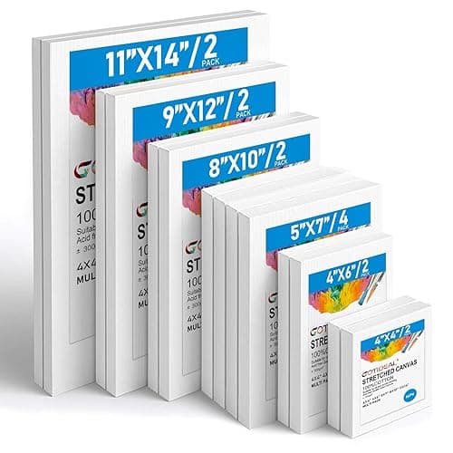 Gotideal Canvas for Painting, 14 Pcs Muti Pack Stretched Painting Canvas, Blank Paint Canvas for Acrylic, Oil, Art Supplies for Artists, Adults 4x4,4x6, 5x7, 8x10,9x12, 11x14 Set of 14 - White - Multi Size-10 Pcs